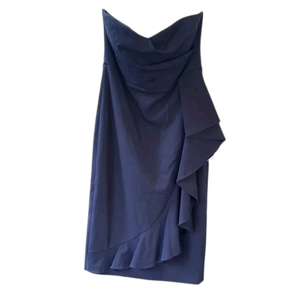 NWOT Dress The Population Liv Womens (L) Navy Blue Ruffled Strapless Midi Dress - Picture 9 of 13